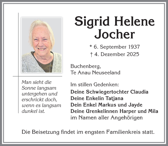 Traueranzeige von Sigrid Helene Jocher von Allgäuer Zeitung,Kempten