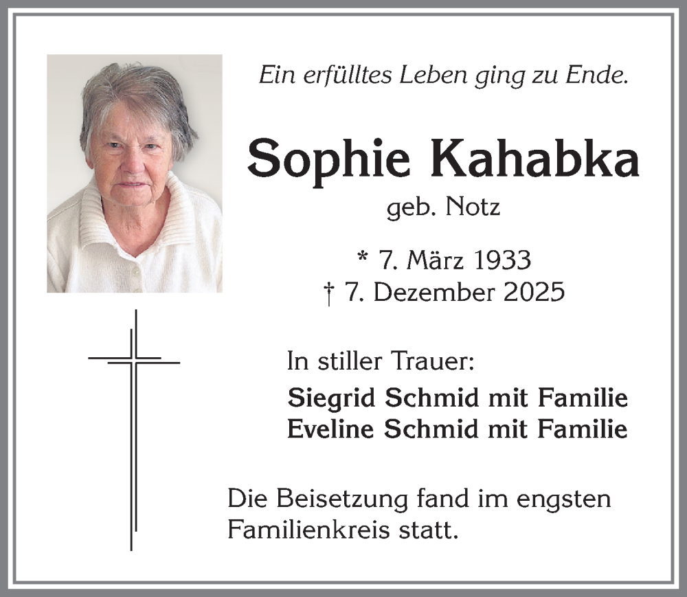  Traueranzeige für Sophie Kahabka vom 20.12.2025 aus Allgäuer Zeitung,Kempten