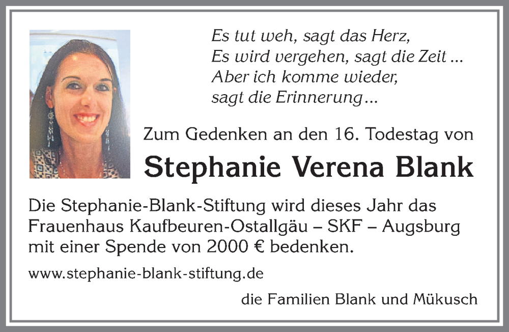  Traueranzeige für Stephanie Verena Blank vom 08.12.2025 aus Allgäuer Zeitung, Kaufbeuren/Buchloe