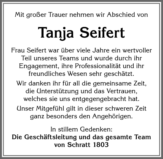 Traueranzeige von Tanja Seifert von Allgäuer Anzeigeblatt