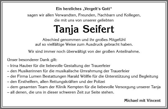 Traueranzeige von Tanja Seifert von Allgäuer Anzeigeblatt