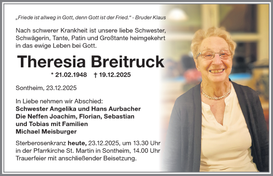 Traueranzeige von Theresia Breitruck von Memminger Zeitung