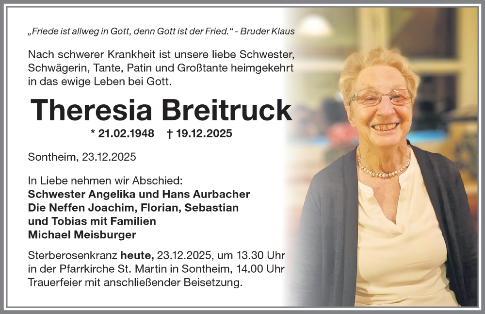  Traueranzeige für Theresia Breitruck vom 23.12.2025 aus Memminger Zeitung