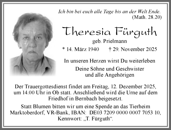 Traueranzeige von Theresia Fürguth von Allgäuer Zeitung, Marktoberdorf