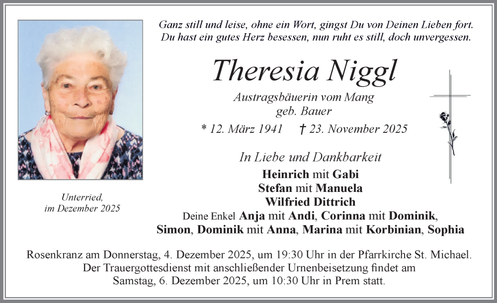  Traueranzeige für Theresia Niggl vom 01.12.2025 aus Allgäuer Zeitung, Füssen