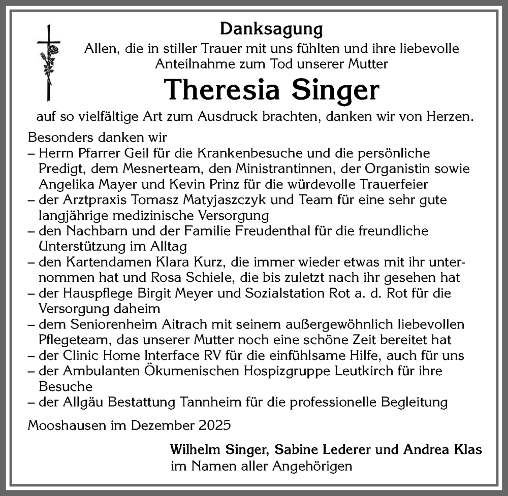  Traueranzeige für Theresia Singer vom 13.12.2025 aus Memminger Zeitung