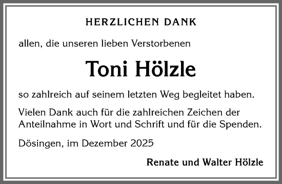 Traueranzeige von Toni Hölzle von Allgäuer Zeitung, Kaufbeuren/Buchloe