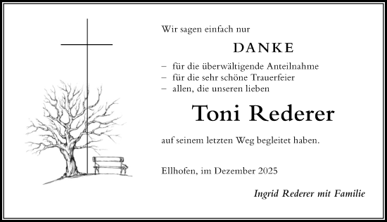 Traueranzeige von Toni Rederer von Der Westallgäuer