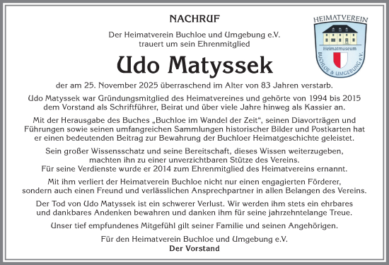 Traueranzeige von Udo Matyssek von Allgäuer Zeitung, Kaufbeuren/Buchloe
