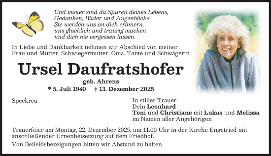 Traueranzeige von Ursel Daufratshofer von Memminger Zeitung
