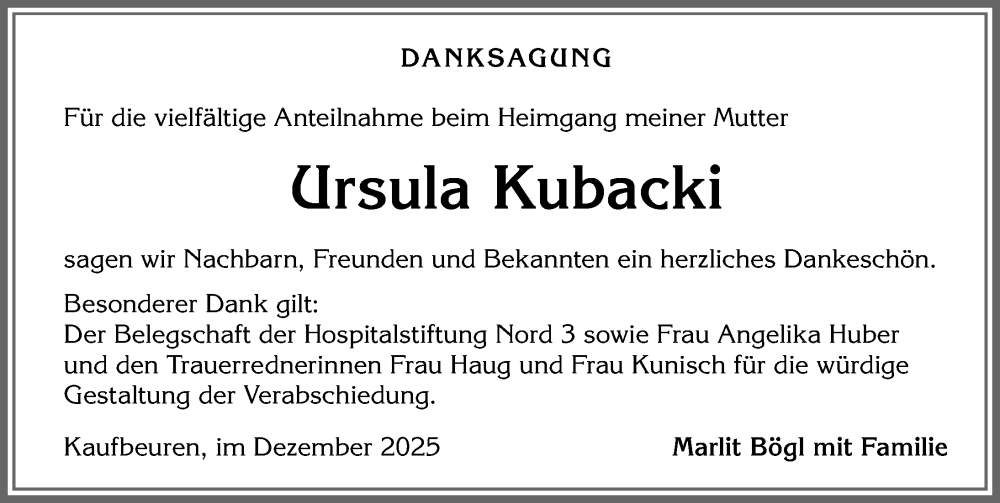  Traueranzeige für Ursula Kubacki vom 06.12.2025 aus Allgäuer Zeitung, Kaufbeuren/Buchloe