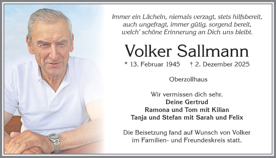 Traueranzeige von Volker Sallmann von Allgäuer Zeitung,Kempten
