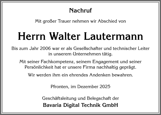 Traueranzeige von Walter Lautermann von Allgäuer Zeitung, Füssen