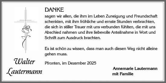 Traueranzeige von Walter Lautermann von Allgäuer Zeitung, Füssen
