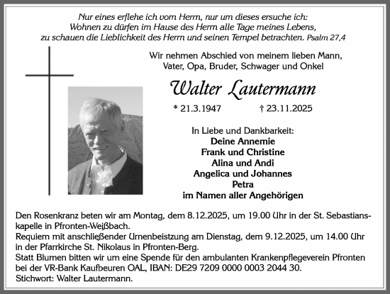 Traueranzeige von Walter Lautermann von Allgäuer Zeitung, Füssen