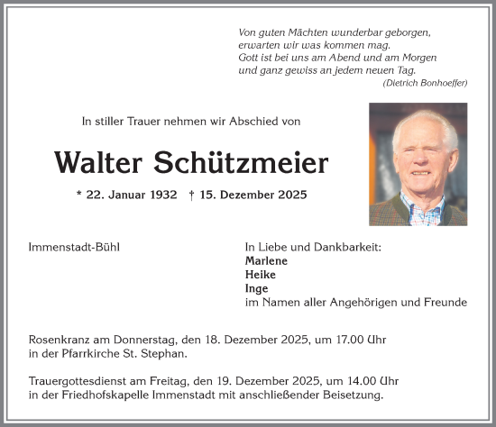 Traueranzeige von Walter Schützmeier von Allgäuer Anzeigeblatt