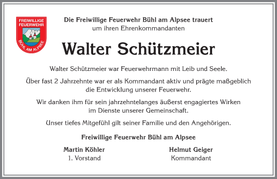 Traueranzeige von Walter Schützmeier von Allgäuer Anzeigeblatt
