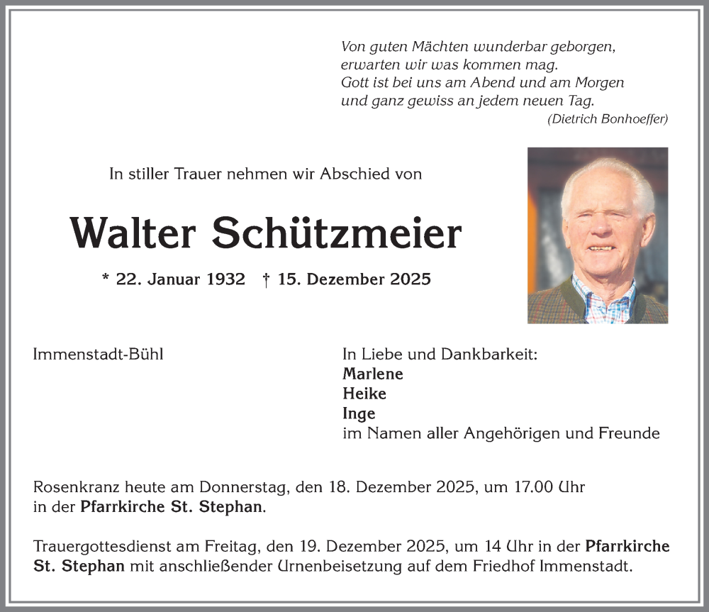  Traueranzeige für Walter Schützmeier vom 18.12.2025 aus Allgäuer Anzeigeblatt