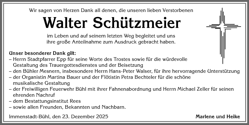  Traueranzeige für Walter Schützmeier vom 23.12.2025 aus Allgäuer Anzeigeblatt