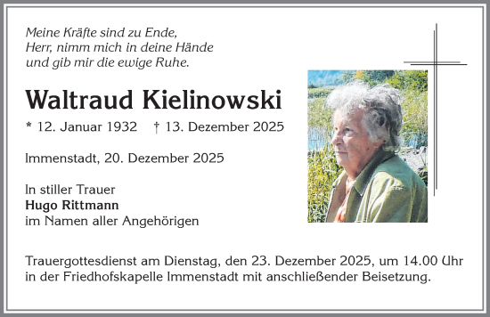 Traueranzeige von Waltraud Kielinowski von Allgäuer Anzeigeblatt