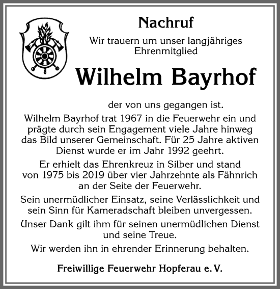 Traueranzeige von Wilhelm Bayrhof von Allgäuer Zeitung, Füssen