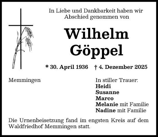 Traueranzeige von Wilhelm Göppel von Memminger Zeitung