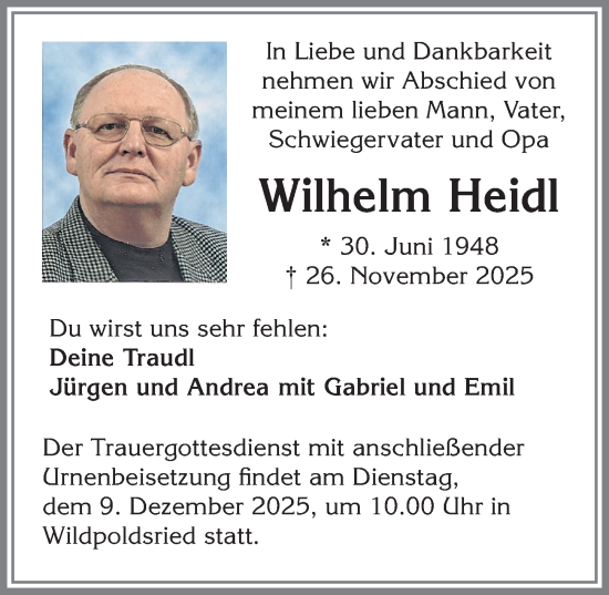Traueranzeige von Wilhelm Heidl von Allgäuer Zeitung,Kempten