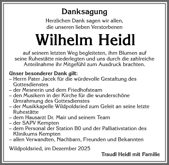 Traueranzeige von Wilhelm Heidl von Allgäuer Zeitung,Kempten