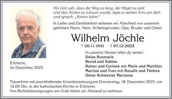 Traueranzeige von Wilhelm Jöchle von Memminger Zeitung