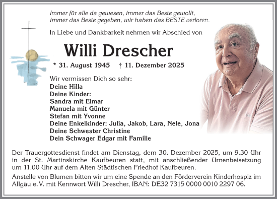 Traueranzeige von Willi Drescher von Allgäuer Zeitung, Kaufbeuren/Buchloe