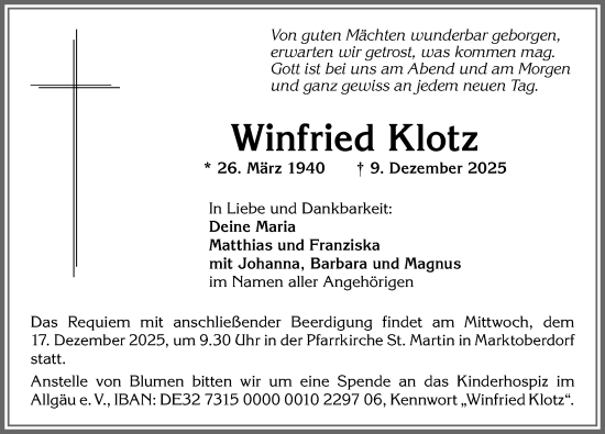 Traueranzeige von Winfried Klotz von Allgäuer Zeitung, Marktoberdorf