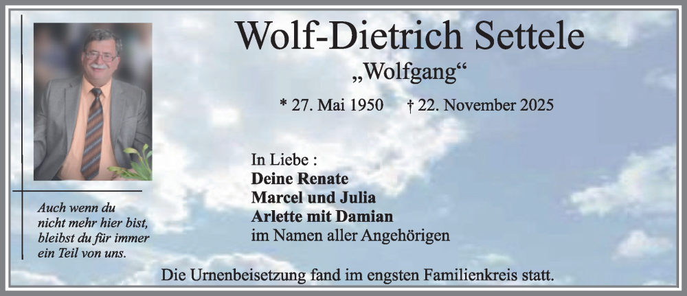  Traueranzeige für Wolf-Dietrich Settele vom 11.12.2025 aus Allgäuer Zeitung, Kaufbeuren/Buchloe