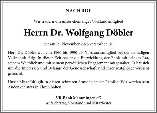 Traueranzeige von Wolfgang Döbler von Memminger Zeitung