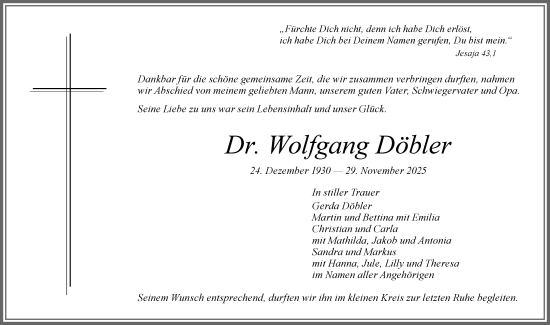 Traueranzeige von Wolfgang Döbler von Memminger Zeitung