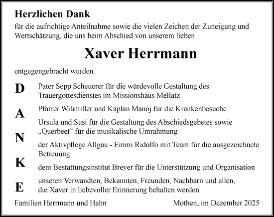 Traueranzeige von Xaver Herrmann von Der Westallgäuer