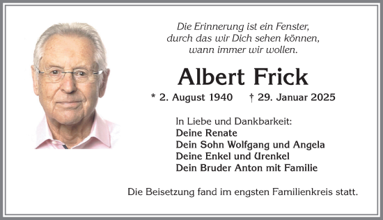 Traueranzeige von Albert Frick von Allgäuer Zeitung,Kempten