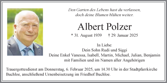 Traueranzeige von Albert Polzer von Allgäuer Zeitung, Kaufbeuren/Buchloe