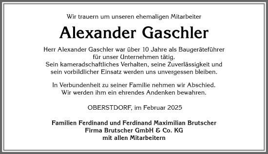 Traueranzeige von Alexander Gaschler von Allgäuer Anzeigeblatt