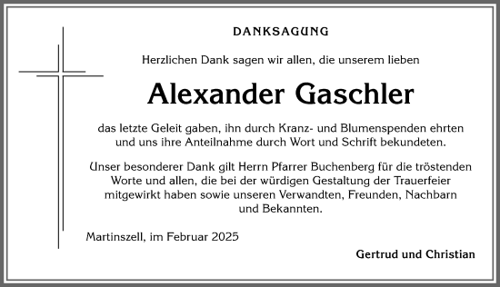 Traueranzeige von Alexander Gaschler von Allgäuer Zeitung,Kempten