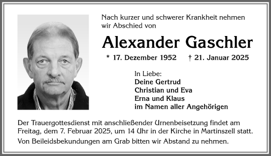 Traueranzeige von Alexander Gaschler von Allgäuer Anzeigeblatt