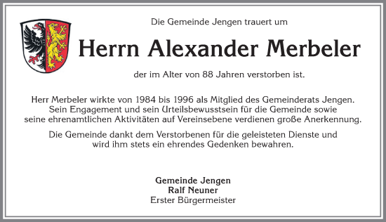 Traueranzeige von Alexander Merbeler von Allgäuer Zeitung, Kaufbeuren/Buchloe