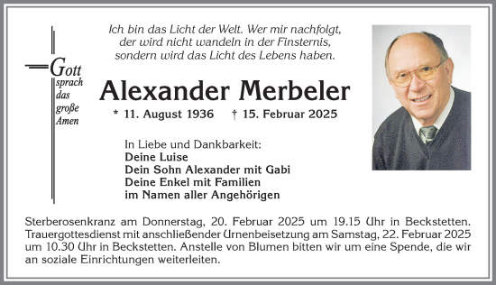 Traueranzeige von Alexander Merbeler von Allgäuer Zeitung, Kaufbeuren/Buchloe