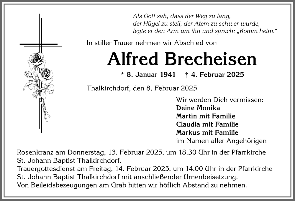  Traueranzeige für Alfred Brecheisen vom 08.02.2025 aus Allgäuer Anzeigeblatt