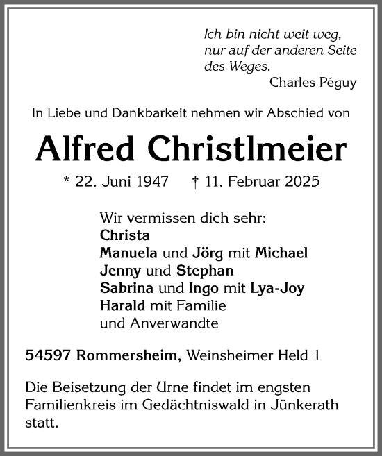 Traueranzeige von Alfred Christlmeier von Allgäuer Zeitung,Kempten