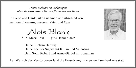 Traueranzeige von Alois Blank von Allgäuer Zeitung, Marktoberdorf