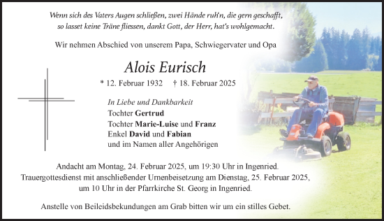 Traueranzeige von Alois Eurisch von Allgäuer Zeitung, Marktoberdorf