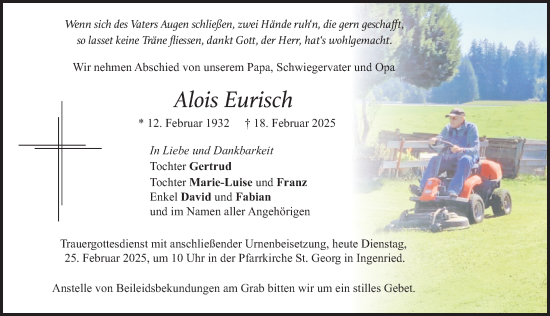 Traueranzeige von Alois Eurisch von Allgäuer Zeitung, Marktoberdorf