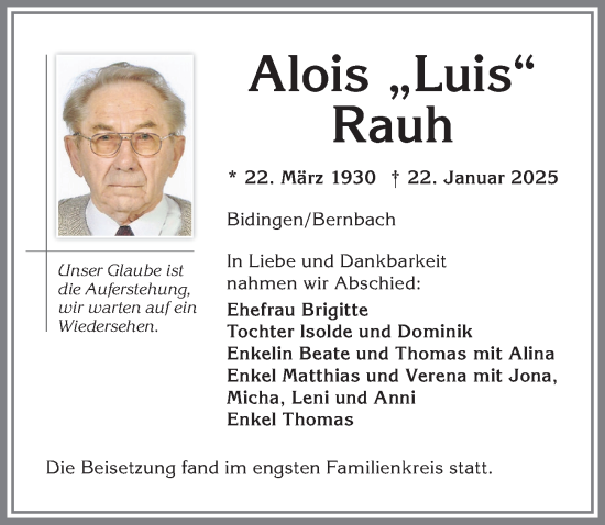 Traueranzeige von Alois Rauh von Allgäuer Zeitung,Kempten