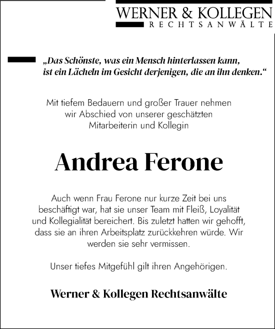 Traueranzeige von Andrea Ferone von Memminger Zeitung