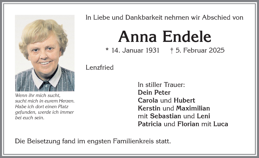  Traueranzeige für Anna Endele vom 22.02.2025 aus Allgäuer Zeitung,Kempten